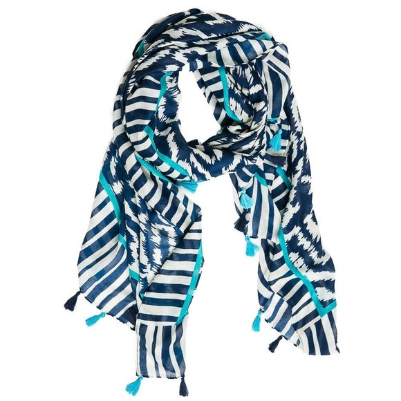 Alma Tassel Rectangle Scarf Navy White Turquoise - Picture 1 of 3